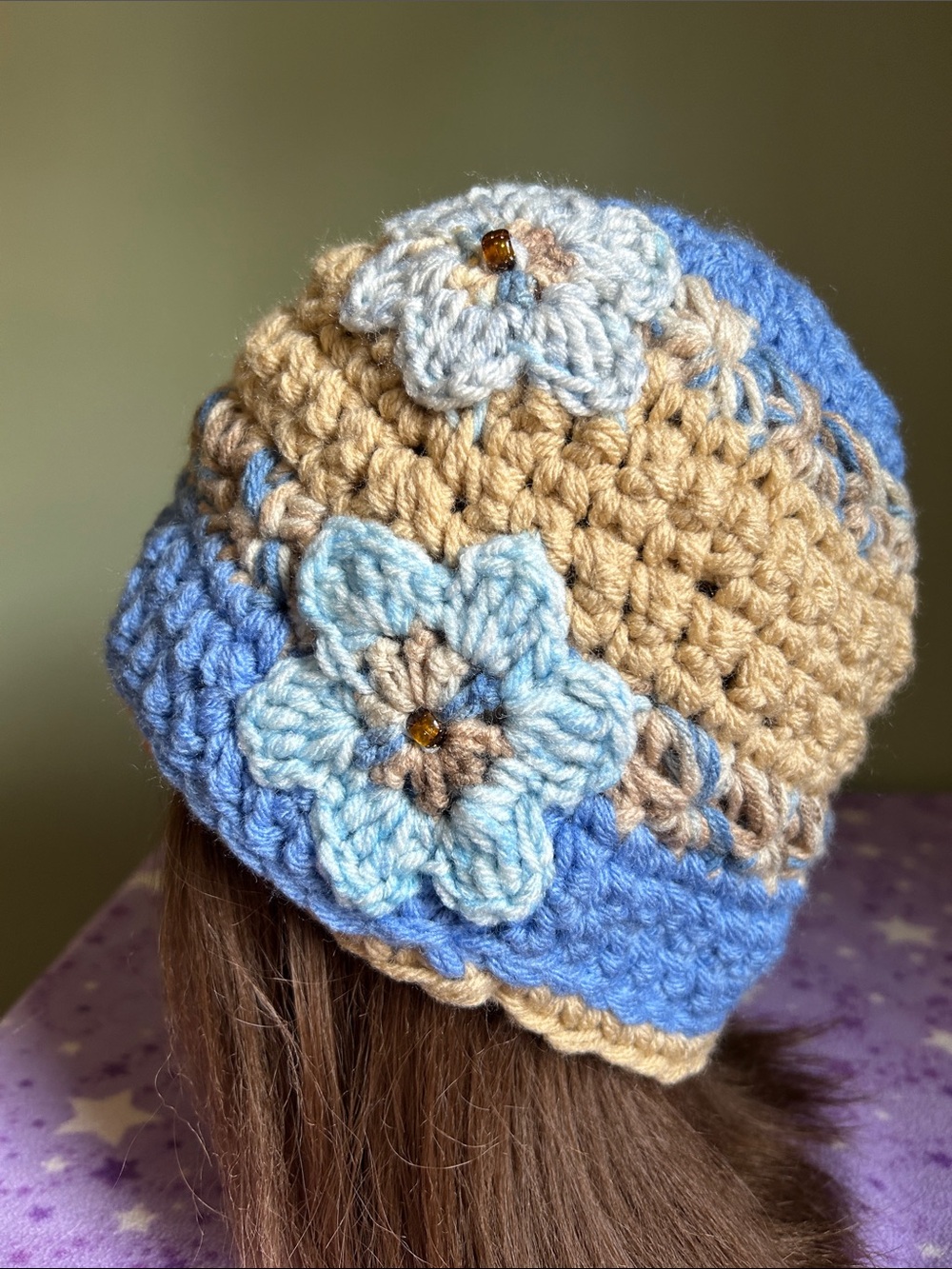 Handmade Blue and camel Crochet Flower Beanie medium acrylic